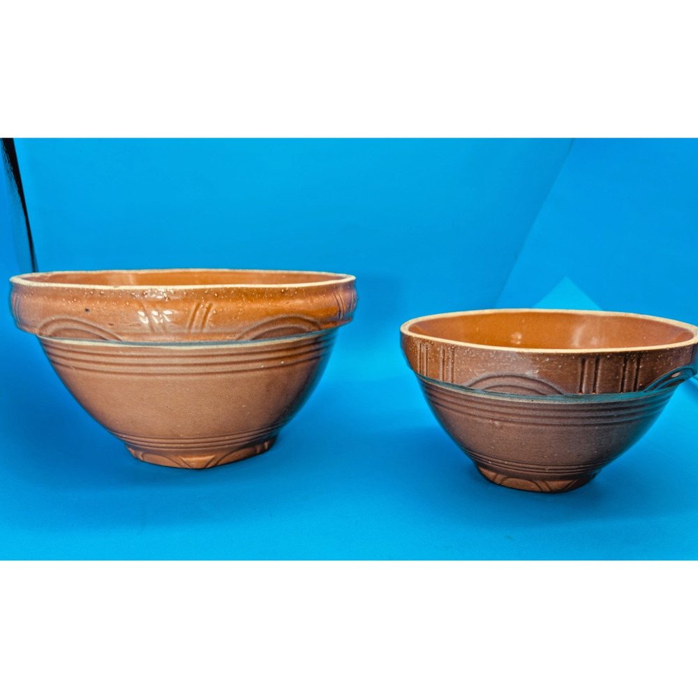 Vintage Yellowware Mixing Bowl Set #6 #8 brown Glaze Stoneware USA Farmhouse